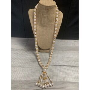 Vintage Faux Pearl and Gold Tone Beaded Tassel Opera Length Necklace 32 Inch